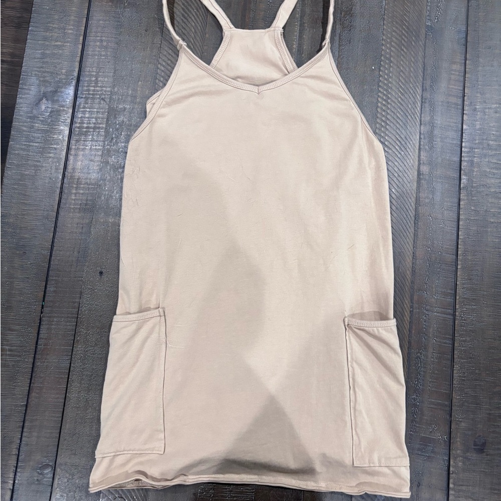 Beige Cotton Athleisure dress with built- shorts and Pockets